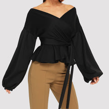 Load image into Gallery viewer, Blouses Femme t 2019 Women Fashion Long Sleeve Strapless V-Neck Lantern Sleeve Bow Belt Bandage Top Women Work Office Lady Shirt