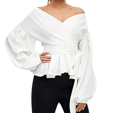Load image into Gallery viewer, Blouses Femme t 2019 Women Fashion Long Sleeve Strapless V-Neck Lantern Sleeve Bow Belt Bandage Top Women Work Office Lady Shirt